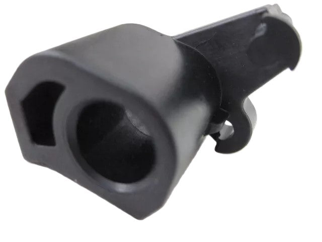 A close-up of a black plastic part from Refurne’s Forward & Rear Tilt Cables for Herman Miller Classic Aeron (Sizes A, B & C), showing hex and round holes, protruding tab, and angled edges—perfect for tilt control kit or cable replacement.