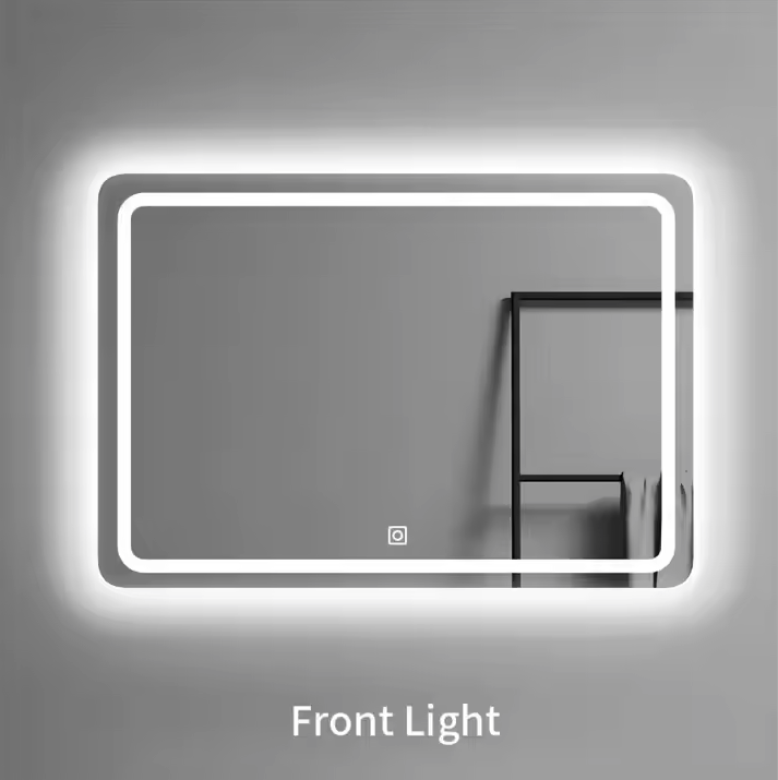 The Refurne Smart LED Bathroom Mirror – Rectangular Styles, featuring defogging and adjustable frameless LED lighting, is mounted on a gray wall. Front Light appears below the mirror; a towel rack and towel are visible to the right.