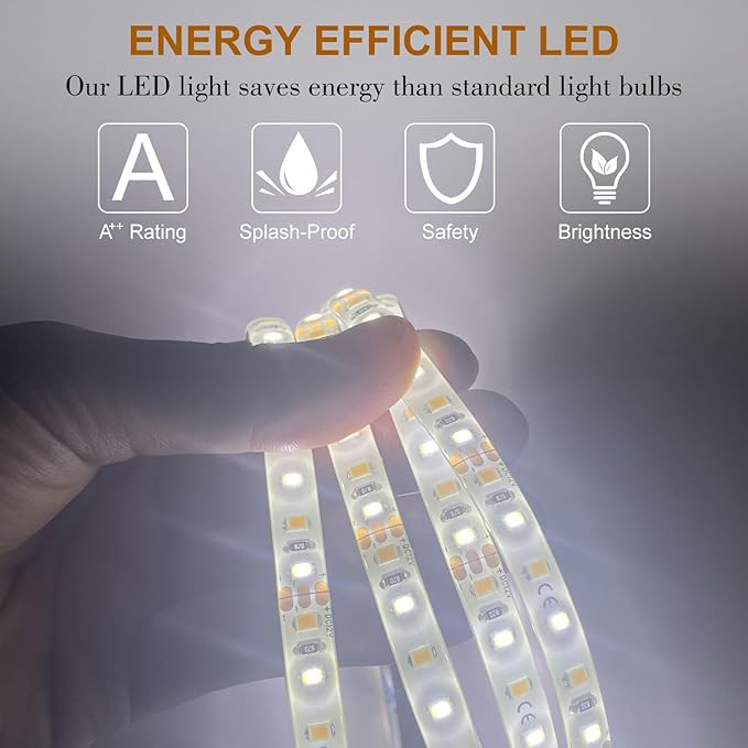 A hand displays glowing LEDs, highlighting their A** rating, splash-proof design, safety, and brightness—ideal for the Refurne Smart LED Bathroom Mirror (Square, White Light, Defogging, Frameless), saving more energy than standard bulbs.