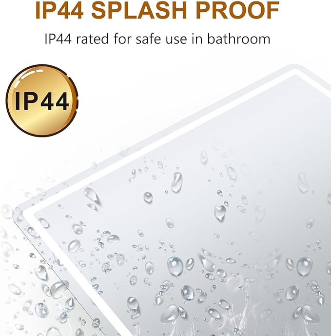 A graphic features the Refurne Smart LED Bathroom Mirror – Square with water droplets, emphasizing its IP44 splash-proof rating. Text reads “IP44 SPLASH PROOF” and “IP44 rated for safe bathroom use,” with a gold IP44 badge.